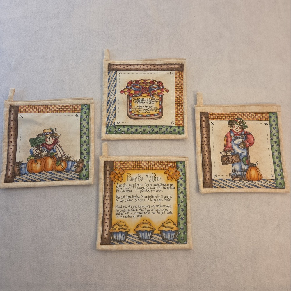 Lot Of 4 Handsewn Dianna Marcum Scarecrow Recipe Pot Holders Fall Harvest